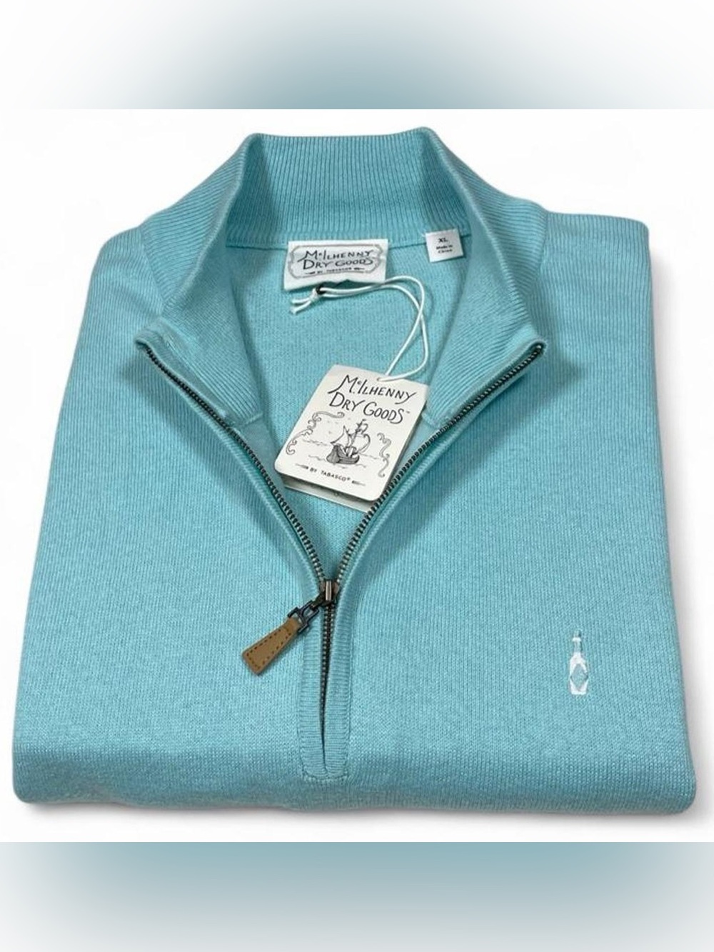 NWT! McIlhenny Dry Goods by Tabasco Aqua Blue Quarter Zip Sweater Men’s Size XL